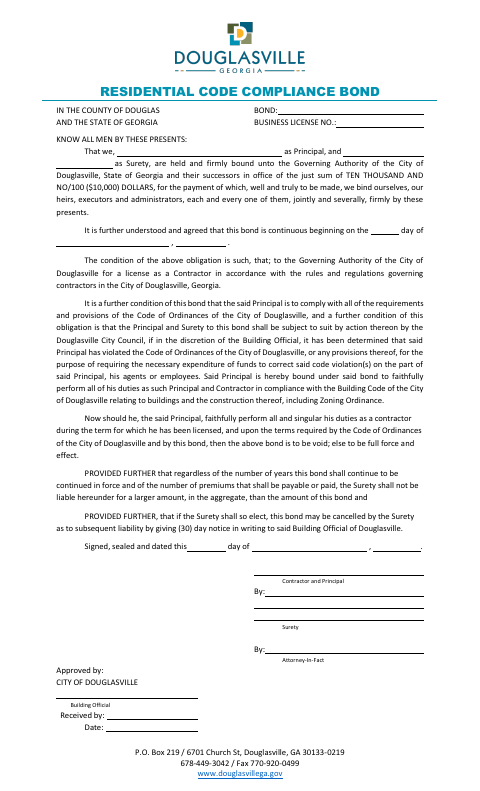 First page of the Residential Code Compliance Bond