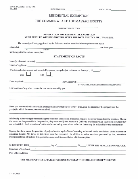 First page of the Residential Exemption Application