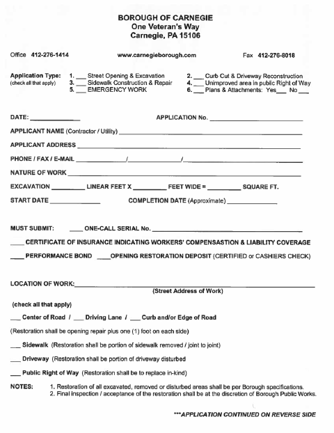 First page of the Street Opening Permit
