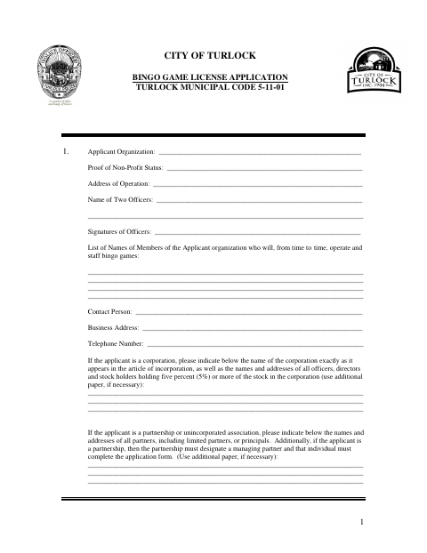 First page of the Bingo Game License Application