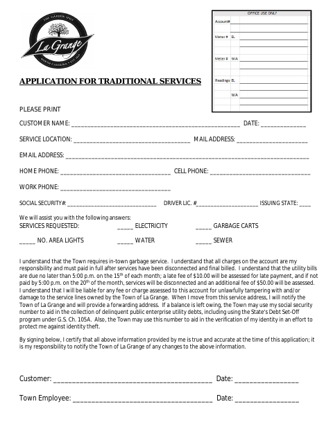 First page of the Application for Traditional Services