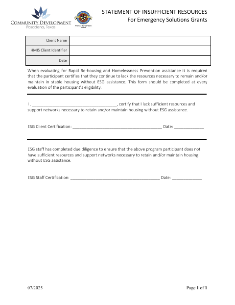 First page of the Statement of Insufficient Resources