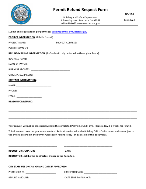 First page of the Permit Refund Request Form