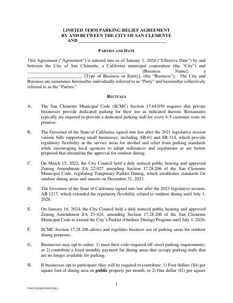 First page of the Limited Term Parking Relief Agreement