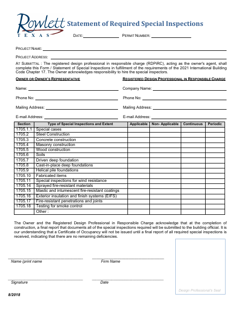 First page of the Statement of Required Special Inspections