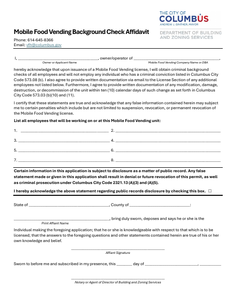 First page of the Mobile Food Vending Background Check Affidavit