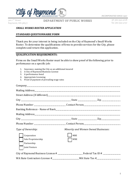 First page of the Small Works Roster Application Standard Questionnaire Form