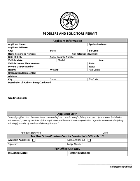 First page of the Peddlers and Solicitors Permit