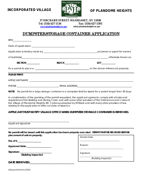 First page of the Dumpster/Storage Container Application