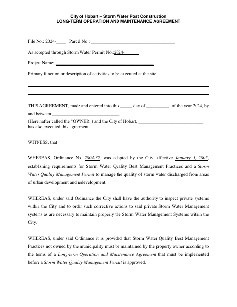 First page of the Storm Water Post-Construction Long-Term Operation and Maintenance Agreement