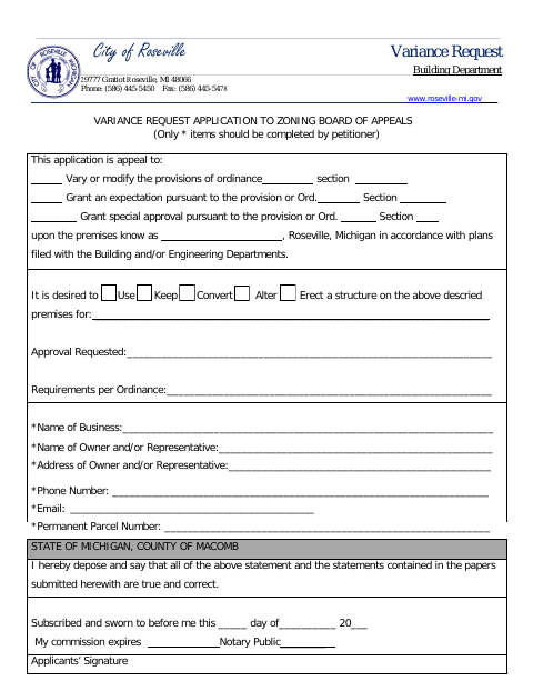 First page of the Variance Request Application