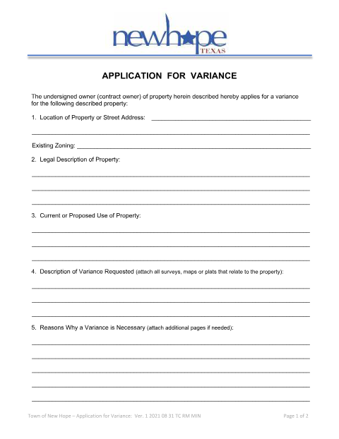 First page of the Application for Variance