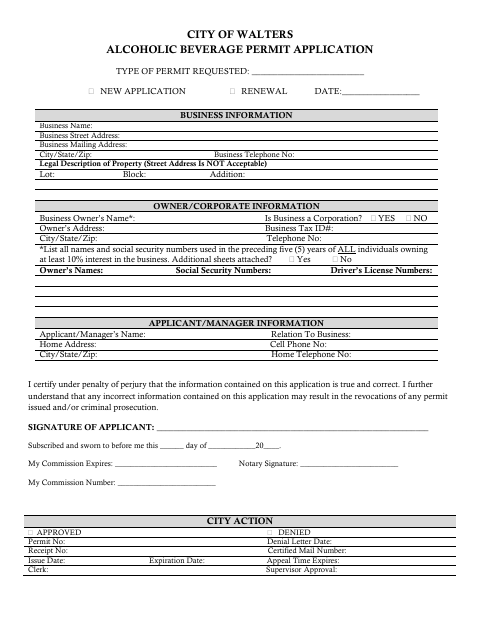 First page of the Alcoholic Beverage Permit Application