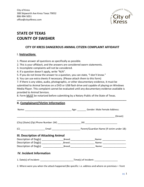 First page of the Dangerous Animal Citizen Complaint Affidavit