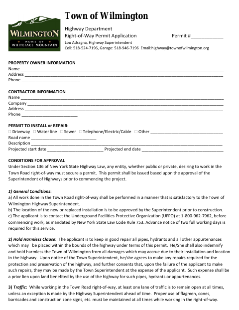 First page of the Right of Way Permit Application