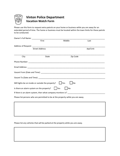 First page of the Vacation Watch Form
