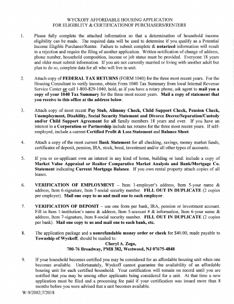 First page of the Affordable Housing Application