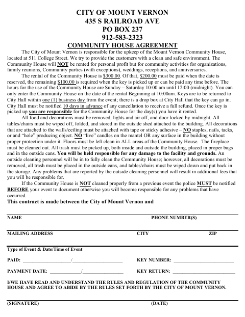 First page of the Community House Rental Agreement