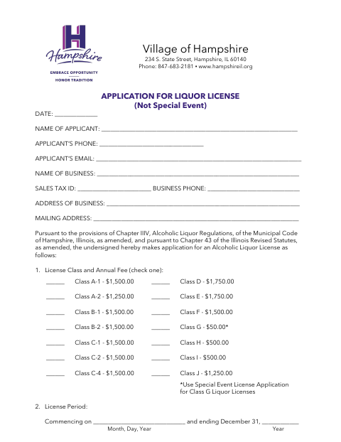 First page of the Application for Liquor License (Not Special Event)