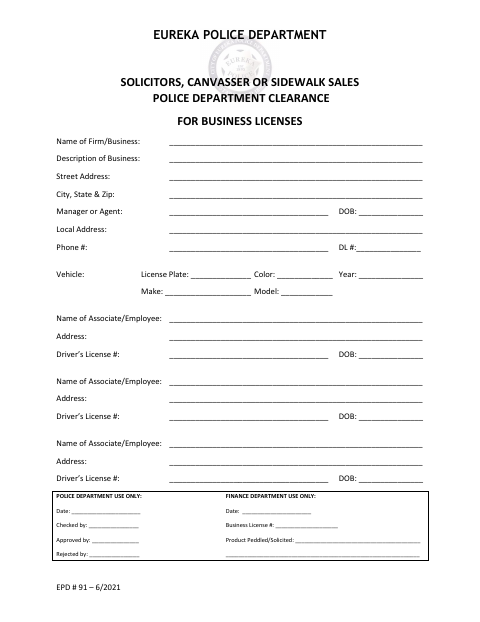 First page of the Solicitors, Canvasser or Sidewalk Sales Police Department Clearance for Business Licenses