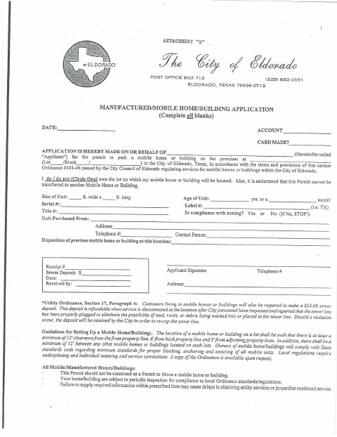 First page of the Manufactured/Mobile Home/Building Application