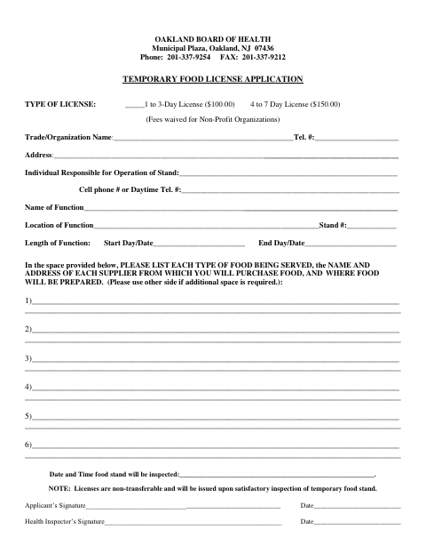 First page of the Temporary Food License Application