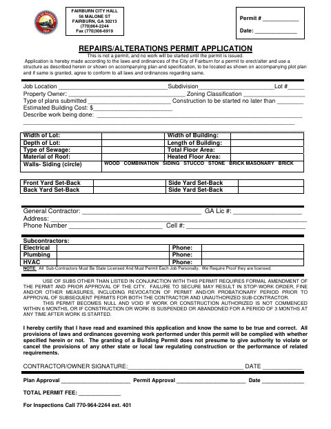 First page of the Repairs/Alterations Permit Application