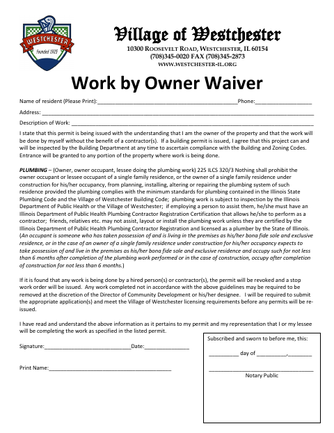First page of the Work by Owner Waiver