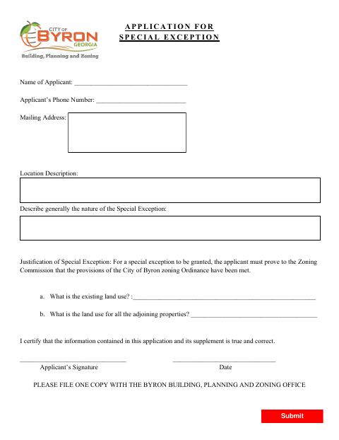 First page of the Application for Special Exception