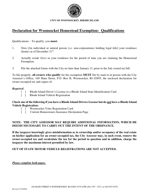 First page of the Homestead Exemption Declaration