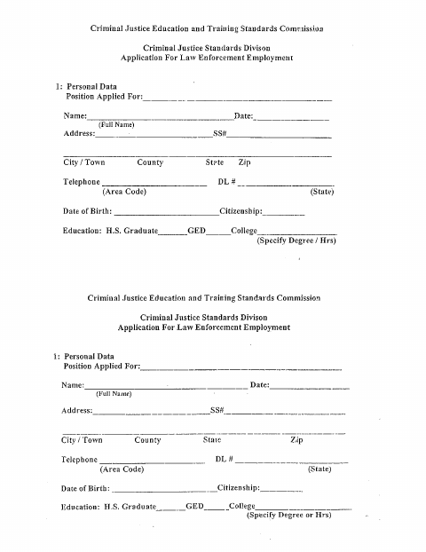 First page of the Application For Law Enforcement Employment