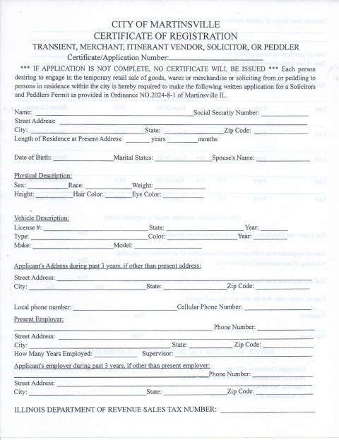 First page of the Transient Merchant, Vendor, Itinerant Vendor, Solicitor, or Peddler Registration