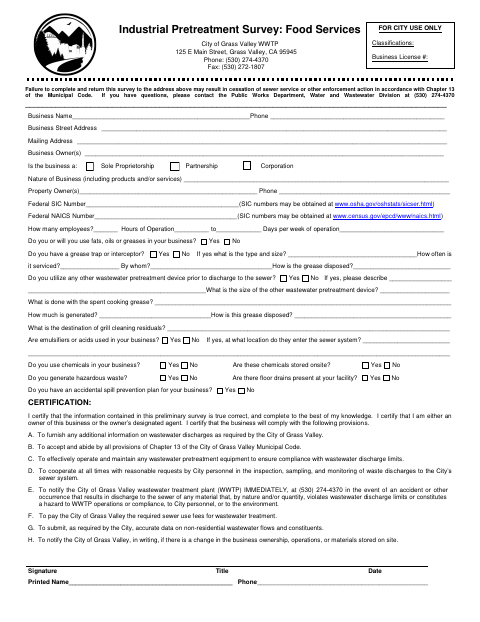 First page of the Industrial Pretreatment Survey: Food Services