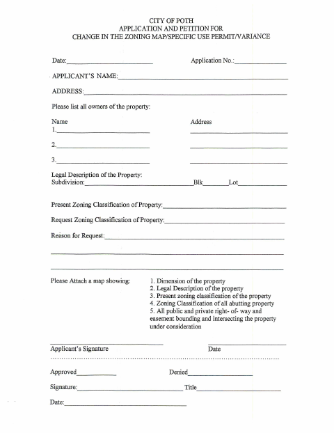 First page of the Application and Petition for Zoning Change, Specific Use Permit, or Variance