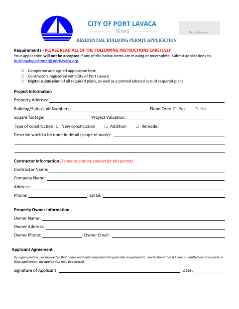 First page of the Residential Building Permit Application