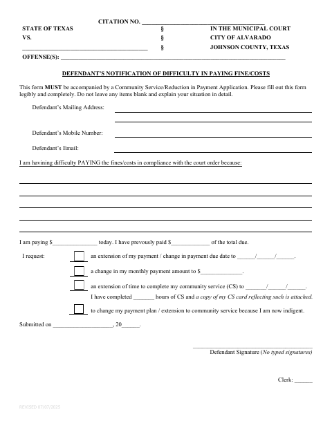 First page of the Defendant’s Notification of Difficulty in Paying Fine/Costs