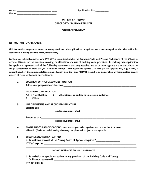 First page of the Building and Zoning Permit Application