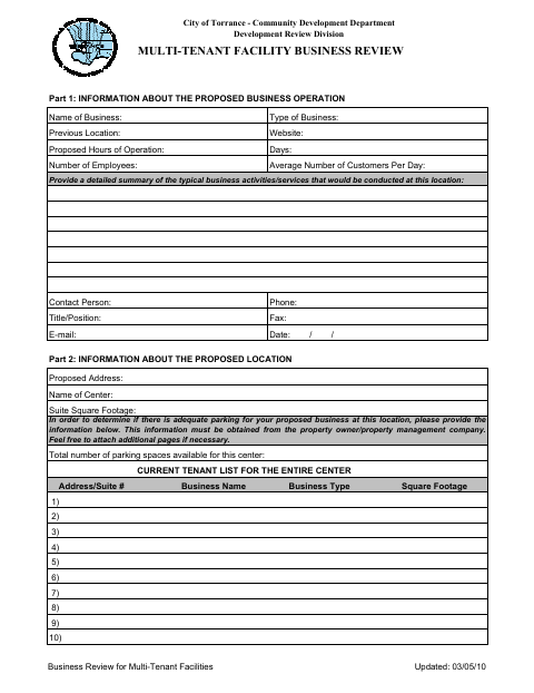 First page of the Multi-Tenant Facility Business Review