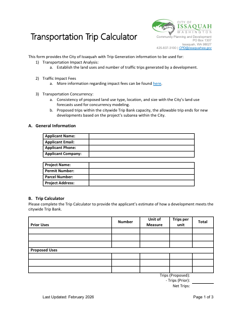 First page of the Transportation Trip Calculator