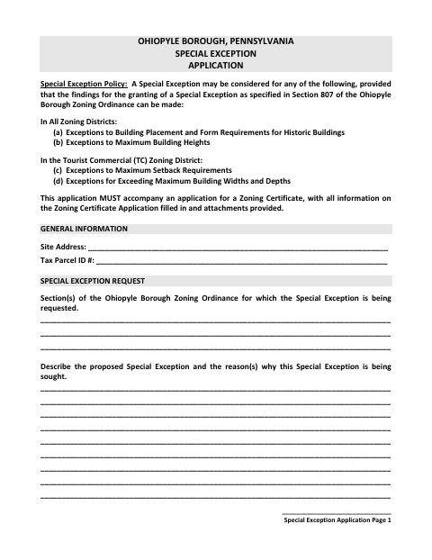 First page of the Special Exception Application