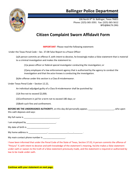 First page of the Citizen Complaint Sworn Affidavit Form