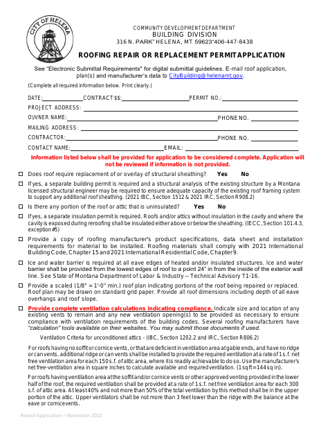 First page of the Roofing Repair or Replacement Permit Application