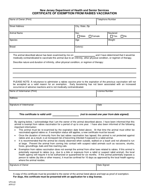 First page of the Certificate of Exemption From Rabies Vaccination