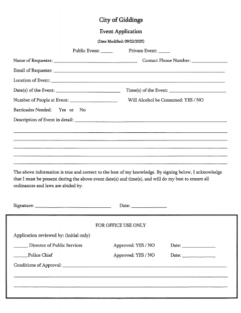 First page of the Downtown Plaza Event Application