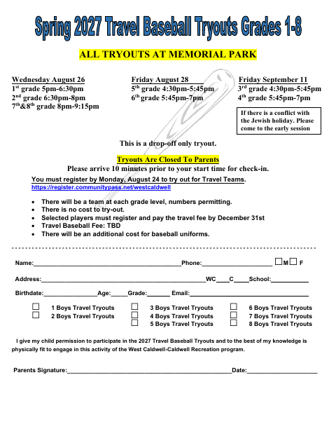 First page of the Travel Baseball Tryout Registration