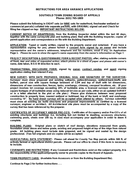 First page of the Area Variance Application