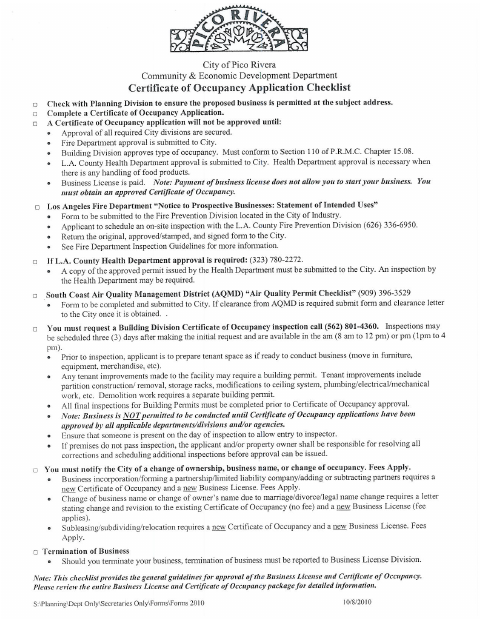 First page of the Certificate of Occupancy Application