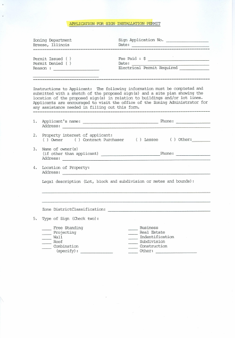 First page of the Sign Installation Application