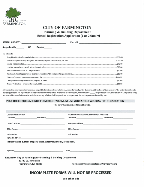 First page of the Rental Registration Application