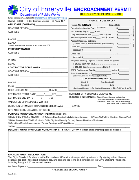 First page of the Application for an Encroachment Permit